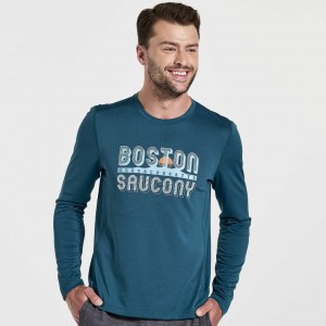 Blue Men's Saucony Stopwatch Graphic Long Sleeve T-Shirt | MALAYSIA-XGMS