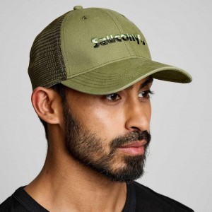 Olive Men's Saucony Adjustable Snap Back Trucker Hats | MALAYSIA-WOCL