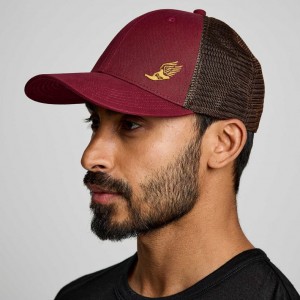 Red Men's Saucony Adjustable Snap Back Trucker Hats | MALAYSIA-EUWV