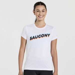 White Women's Saucony Stopwatch Graphic Short Sleeve T-Shirt | MALAYSIA-PJFB