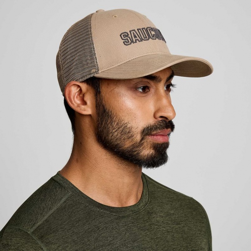 Beige Men\'s Saucony Adjustable Snap Back Trucker Hats | MALAYSIA-SJUL