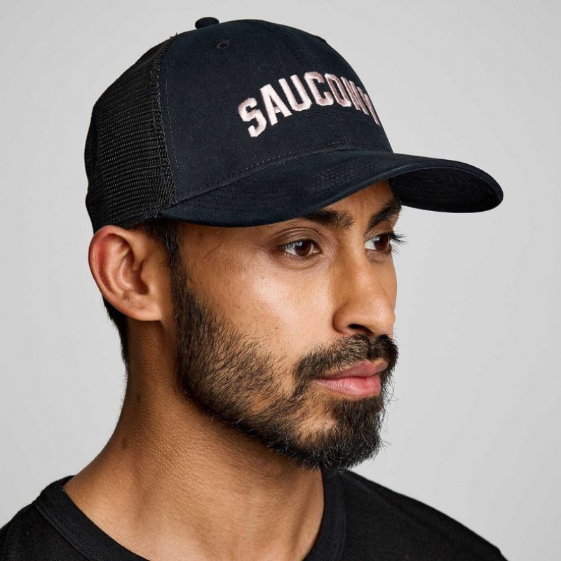 Black Men\'s Saucony Adjustable Snap Back Trucker Hats | MALAYSIA-BNCA