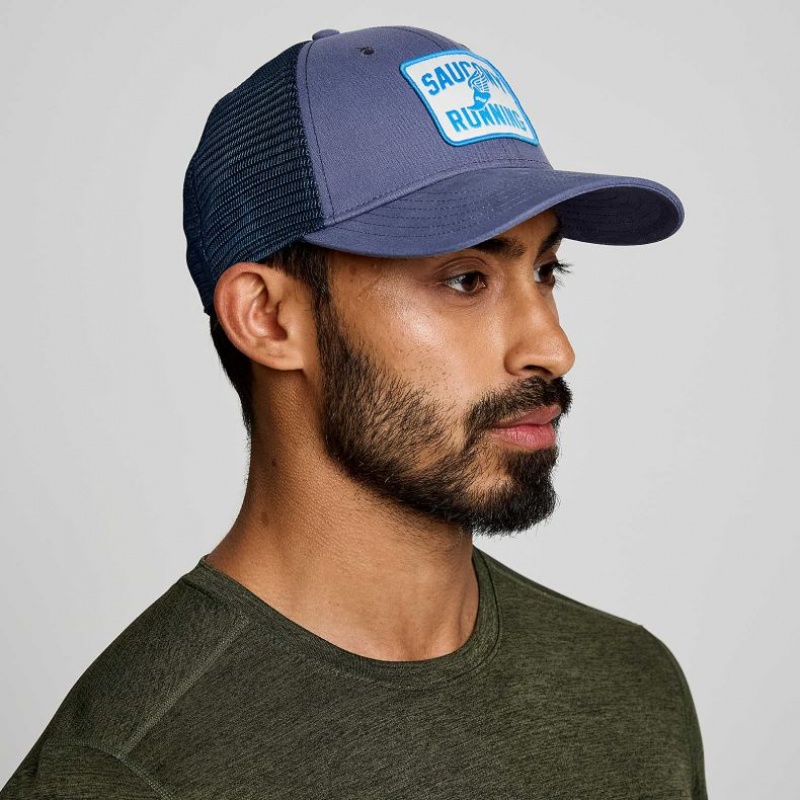 Blue Men\'s Saucony Adjustable Snap Back Trucker Hats | MALAYSIA-JXMI