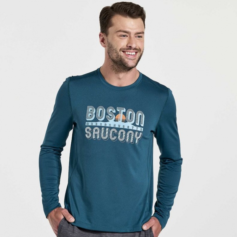 Blue Men\'s Saucony Stopwatch Graphic Long Sleeve T-Shirt | MALAYSIA-XGMS