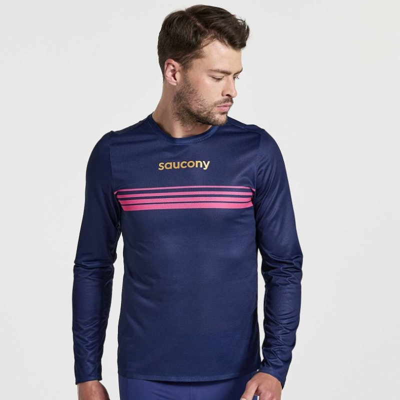 Navy Men\'s Saucony Elite Long Sleeve T-Shirt | MALAYSIA-HUXA