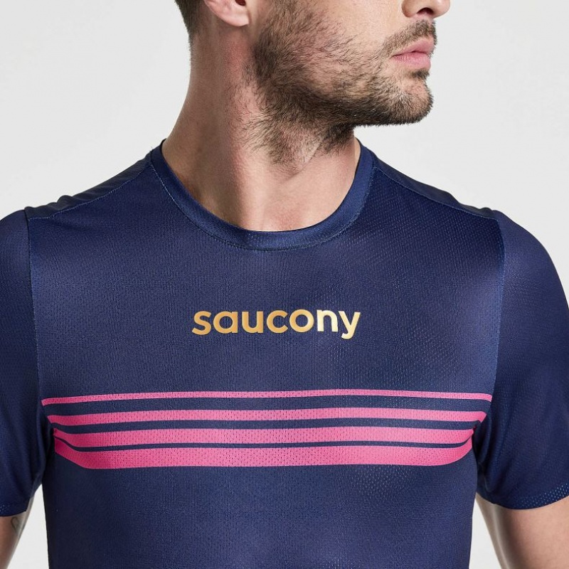 Navy Men's Saucony Elite Short Sleeve T-Shirt | MALAYSIA-UMQZ