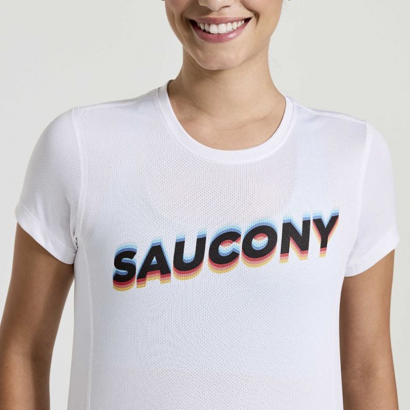 White Women's Saucony Stopwatch Graphic Short Sleeve T-Shirt | MALAYSIA-PJFB